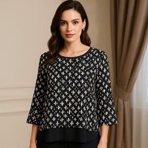 Kim Rogers Blouse Top 3/4 Sleeve Black‎ White Print Round Neck Size L NWT